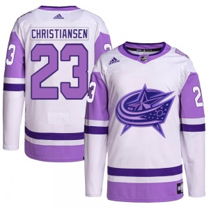 Jake Christiansen Columbus Blue Jackets Adidas Youth Authentic Hockey Fights Cancer Primegreen Jersey (White/Purple)
