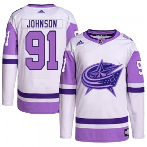 Kent Johnson Columbus Blue Jackets Adidas Youth Authentic Hockey Fights Cancer Primegreen Jersey (White/Purple)