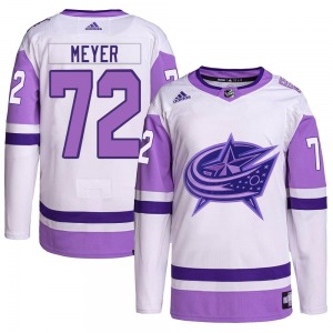 Carson Meyer Columbus Blue Jackets Adidas Youth Authentic Hockey Fights Cancer Primegreen Jersey (White/Purple)