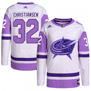 Jake Christiansen Columbus Blue Jackets Adidas Authentic Hockey Fights Cancer Primegreen Jersey (White/Purple)