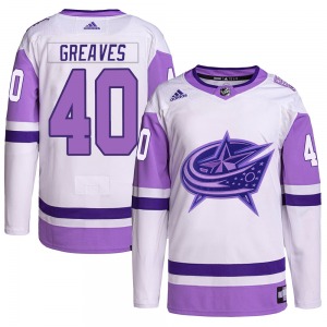 Jet Greaves Columbus Blue Jackets Adidas Authentic Hockey Fights Cancer Primegreen Jersey (White/Purple)