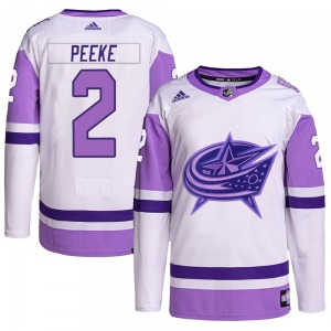 Andrew Peeke Columbus Blue Jackets Adidas Authentic Hockey Fights Cancer Primegreen Jersey (White/Purple)