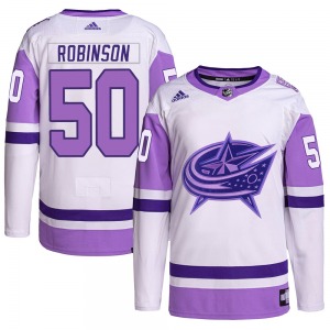 Eric Robinson Columbus Blue Jackets Adidas Authentic Hockey Fights Cancer Primegreen Jersey (White/Purple)