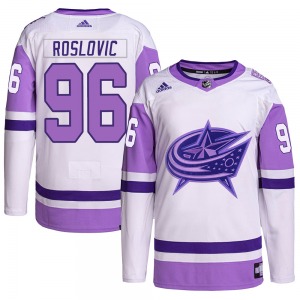 Jack Roslovic Columbus Blue Jackets Adidas Authentic Hockey Fights Cancer Primegreen Jersey (White/Purple)